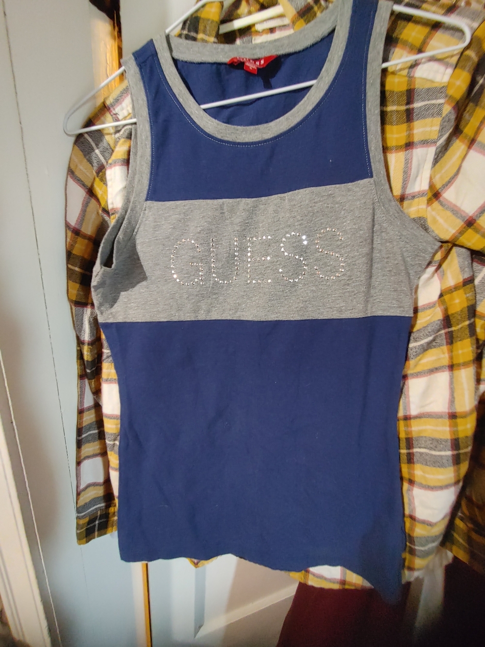 Guess Navy and Gray Rhinestone Logo Tank Top